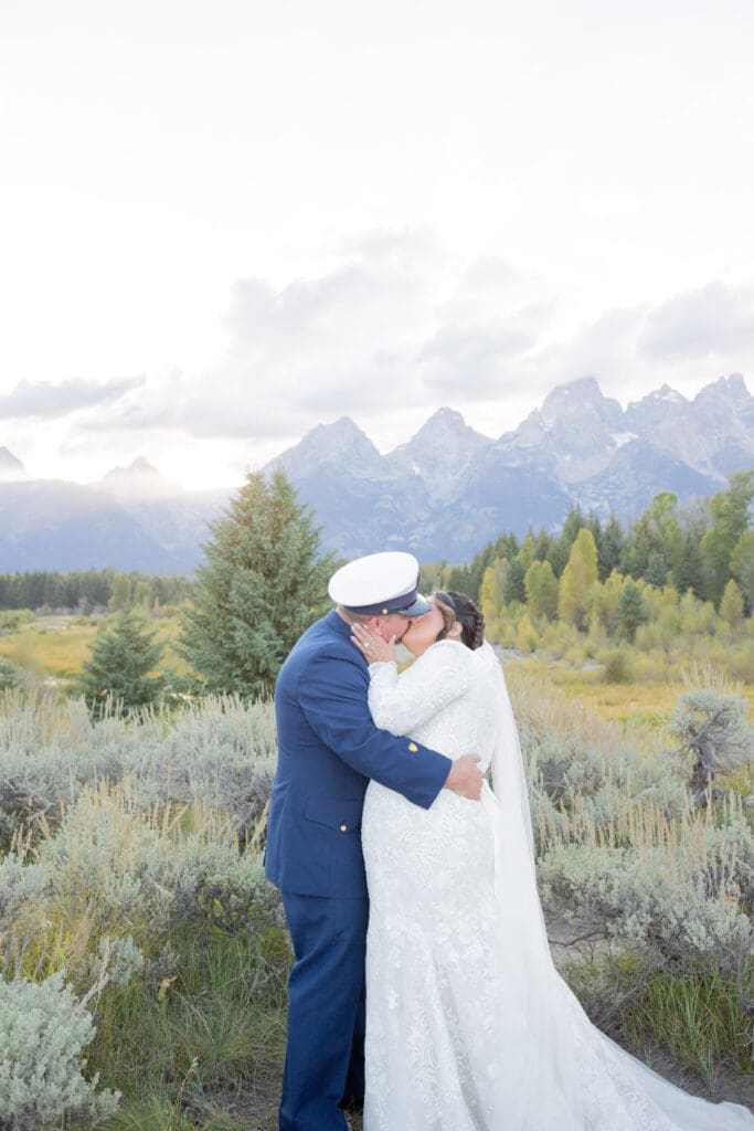 PNW Elopement Photographer captures bride and groom kissing during bridal portraits